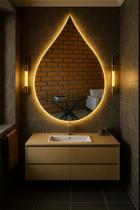 Espelho Led 3 cores Orgânico formato gota com luz iluminação botão touch screen 53x70