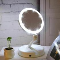Espelho Led De Mesa Redondo Branco Com Aumento 10x Dobrável Para Maquiagem