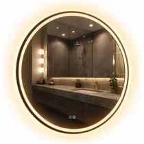 Espelho Led Redendo Touch 3 Cores de Luz Com Desembaçador e Display Digital 80x80cm Bivolt