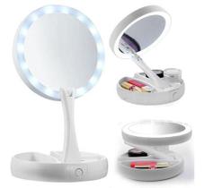 Espelho Luminária Maquiagem Articulável Dobrável Com Led  Aumenta 10x Mesa Redondo Ring Light Camarim