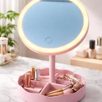 Espelho Maquiagem C/ Led E Com Base Suporte De Mesa Portátil Cor da moldura:Rosa-claro