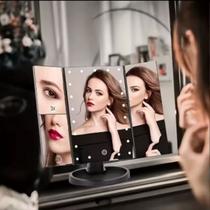 Espelho Maquiagem de Mesa Triplo Led Ampliação 1x, 2x, 3x Dobrável Iluminado Ajuste de Luz Touch USB