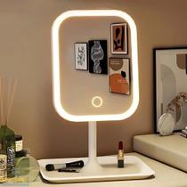Espelho Maquiagem LED Recarregável 3 Cores de Luzes Touch Linear Ajustável Base Porta Jóias