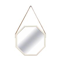 Espelho Oitavado Luxo Com Pendente de Couro Moldura Branca 40x40cm - Art Frame