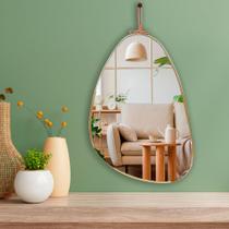 Espelho orgânico com alça de couro 22x34cm sala cozinha quarto