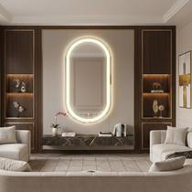 Espelho Oval Corpo Inteiro Jateado 60x80cm Iluminado Com 3 Cores Led Lapidado E Botão Touch Screen Dimerizável