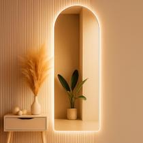 Espelho Oval Grande 150x40cm com LED Luz Quente Fria Base Reta Corpo Inteiro Bivolt Design Moderno Banheiro Quarto Sala