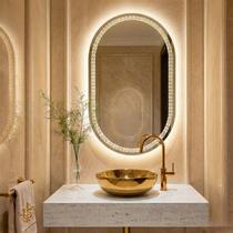 Espelho Oval Jateado FLORAL 3 tons de Led, Botão Touch e Fonte Slin Vária Medidas Janelinha Penteadeira Espelho Oval Jateado FLORAL 3 tons de Led, Botão Touch e Fonte Slin Vária Medidas Janelinha Penteadeira