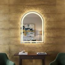 Espelho Oval Meio Corpo Jateado 60x80cm Arco Base Reta Iluminado Com 3 Cores Led Lapidado E Tecla Touch Screen