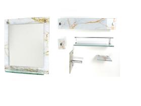 Espelho para banheiro com prateleira 40cm x 40cm mais kit acessórios para banheiro mármore branco dourado