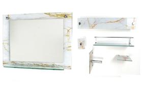 Espelho para banheiro com prateleira 60cm x 45cm mais kit acessórios para banheiro mármore branco dourado - CUBAS E GABINETES