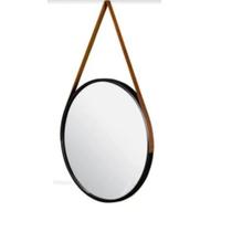Espelho Redondo 33 Cm Decorativo Adnet Preto Alça Caramelo