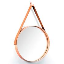 Espelho Redondo 35 Cm Decorativo Adnet Cobre Escandinavo Com Alça de Couro A06 - D'Rossi