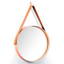 Espelho Redondo 50 cm Decorativo Adnet Cobre Escandinavo com Alça de Couro Caramelo D'Rossi