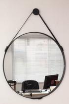 Espelho Redondo 60cm fundo MDF com Alça em Couro cor Preta