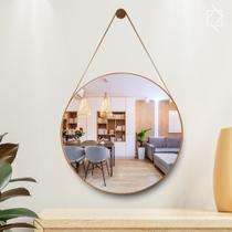 Espelho redondo adnet 80cm moldura e alça couro caramelo com suporte lyo