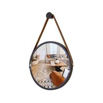 Espelho Redondo Adnet Decorativo Suspenso Preto Alça Caramelo 30cm Banheiro Alta Qualidade Reduna