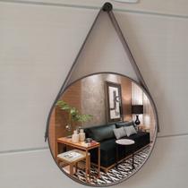 Espelho Redondo Adnet Moderno Luxo Lavabo Quarto Sala Banheiro Alça em Couro 40cm com Pino Suporte