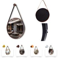 Espelho Redondo Adnet Suspenso 60cm moldura de Aluminio Decorativo Com Alça + Suporte Marrom Alça Preta