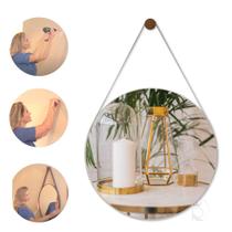 Espelho Redondo De Parede Alça Em Couro 40cm C/ Suporte