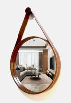 Espelho redondo decorativo com moldura alça de couro 50cm caramelo
