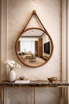 Espelho redondo decorativo com moldura alça de couro 60cm caramelo