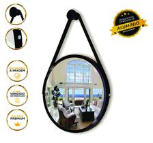 Espelho Redondo Decorativo Suspenso Com Alça 20cm + Suporte Preto Alça Preta
