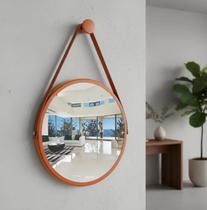 Espelho Redondo Decorativo Suspenso Com Alça 30cm + Suporte Cobre Alça Caramelo