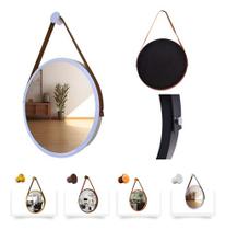 Espelho Redondo Decorativo Suspenso Com Alça 40cm - Cores Moldura Branco Alça Caramelo