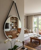 Espelho Redondo Decorativo Suspenso Com Alça 40cm + Suporte - Branco / Alça Preta