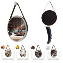 Espelho Redondo Decorativo Suspenso Com Alça 40cm + Suporte - Branco / Alça Preta