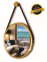 Espelho Redondo Decorativo Suspenso Com Alça 40cm + Suporte Dourado Alça Caramelo - ORNATO