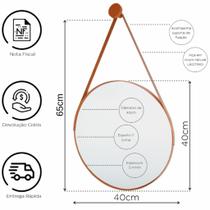 Espelho Redondo Decorativo Suspenso Com Alça 40cm + Suporte Preto Alça Caramelo