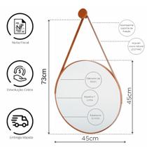 Espelho Redondo Decorativo Suspenso Com Alça 40cm + Suporte Preto Alça Caramelo