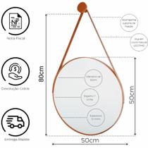 Espelho Redondo Decorativo Suspenso Com Alça 40cm + Suporte Preto Alça Caramelo
