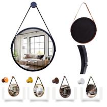 Espelho Redondo Decorativo Suspenso Com Alça 40cm + Suporte Preto Alça Preta