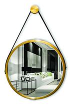 Espelho Redondo Decorativo Suspenso Com Alça 50cm + Suporte Dourado Alça Preta