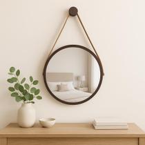 Espelho Redondo Decorativo Suspenso Com Alça 50cm + Suporte Marrom Alça Caramelo