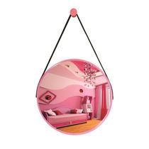 Espelho Redondo Decorativo Suspenso Com Alça 50cm + Suporte Rosa Alça Preta