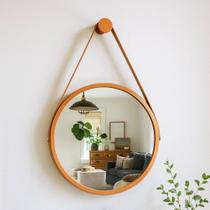 Espelho Redondo Decorativo Suspenso Com Alça 60cm + Suporte Cobre alça Caramelo