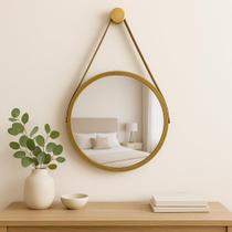 Espelho Redondo Decorativo Suspenso Com Alça 60cm Suporte Dourado Alça Caramelo