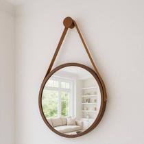Espelho Redondo Decorativo Suspenso Com Alça 60cm + Suporte Marrom Alça Caramelo