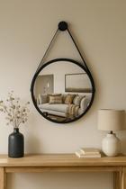 Espelho Redondo Decorativo Suspenso Com Alça 60cm + Suporte Preto Alça Preta