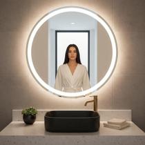 Espelho Redondo Jateado 110cm Lapidado 3 Cores De Led Touch