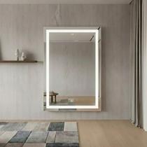 Espelho Retangular Jateado Decorativo 60x80cm Com Iluminção Led 3 Cores Lapidado e Com Botão Touch