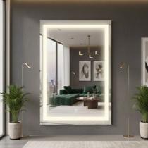 Espelho Retangular Lapidado Jateado 70x90cm Com Botão Touch E Iluminação 3 Tons Led Decoração