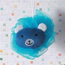 Esponja de Banho Bouton com Bichinho Urso com Corda Nylon Azul