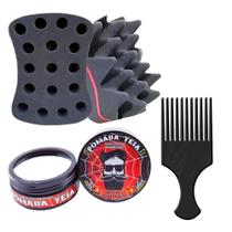 Esponja Nudred Dupla Enrolar Cabelos + cera modeladora + Pente Afro