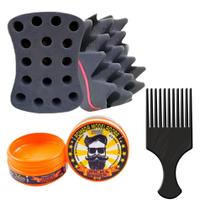 Esponja Nudred Dupla Enrolar Cabelos + cera modeladora + Pente Afro