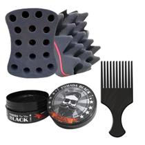 Esponja Nudred Dupla Enrolar Cabelos + cera modeladora + Pente Afro